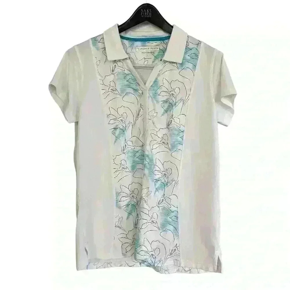 Pebble Beach Womens Performance Dry Fit Polo Size XL White Floral Golf Athletic